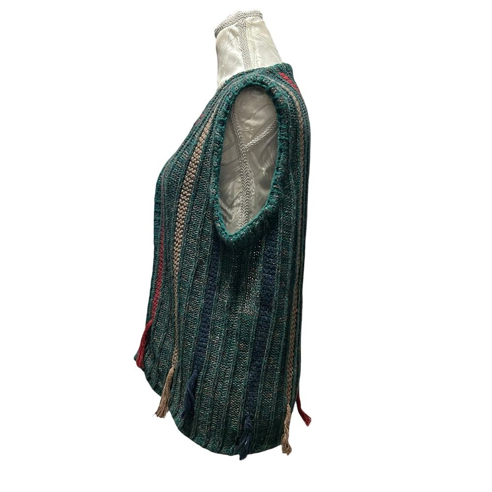 Vintage 90s Green Stripe Ramie Tassel Sweater Vest Cottagecore M Grandpacore - Picture 4 of 16